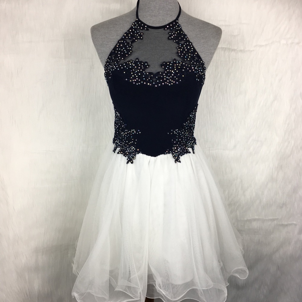 Blondie Nites Bedazzled Halter Mini Prom Dress